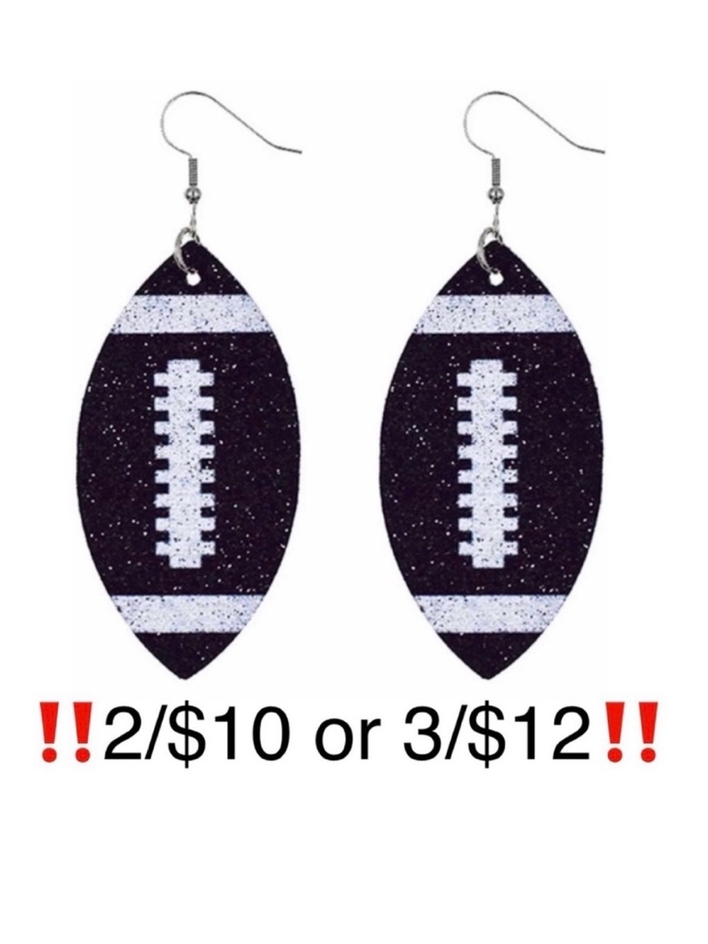 Football Earrings Black Glitter Faux Leather Dangling Football Statement Earring
